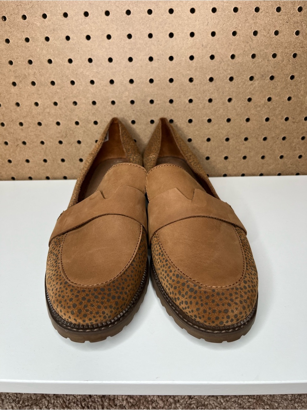 Toms Women's Tan Suede Penny Loafers with Leopard-Textured Toe